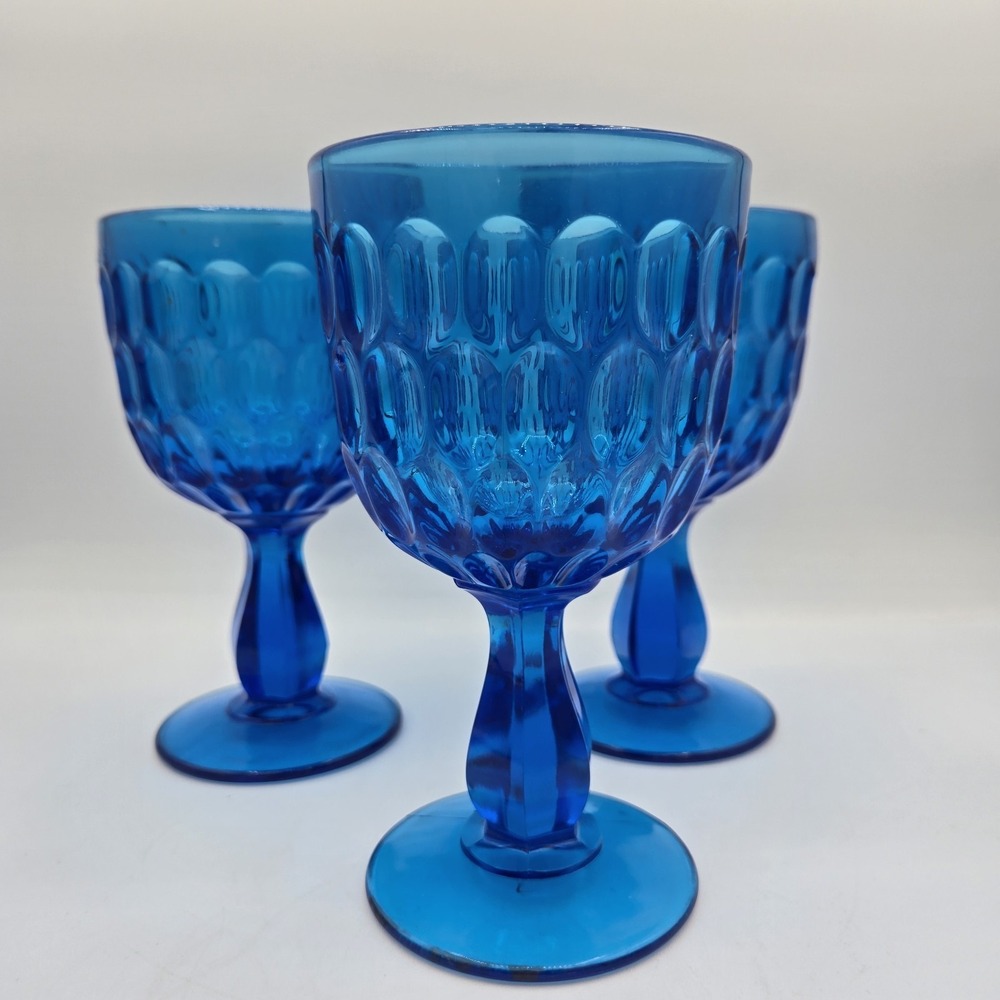 Fenton Colonial Royal Blue Thumb Print Glasses Goblets Set Of‎ 3 Vtg Drinkware